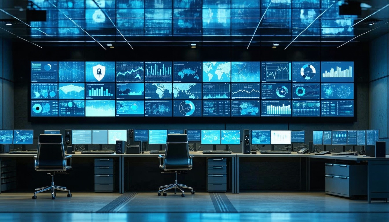 A high-tech security operations center with multip